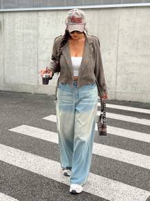 SHEIN EZwear Plus Size Women Turndown Collar Long Sleeve Cropped Plaid Trench Coat, Autumn