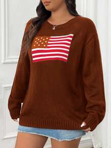 SHEIN EZwear 大码圆领长袖图案细节休闲套头毛衣 - 巧克力棕 - 查看 1