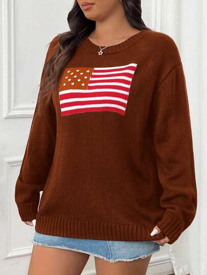 SHEIN EZwear Suéter de cuello redondo de manga larga con detalles gráficos, informal, talla grande