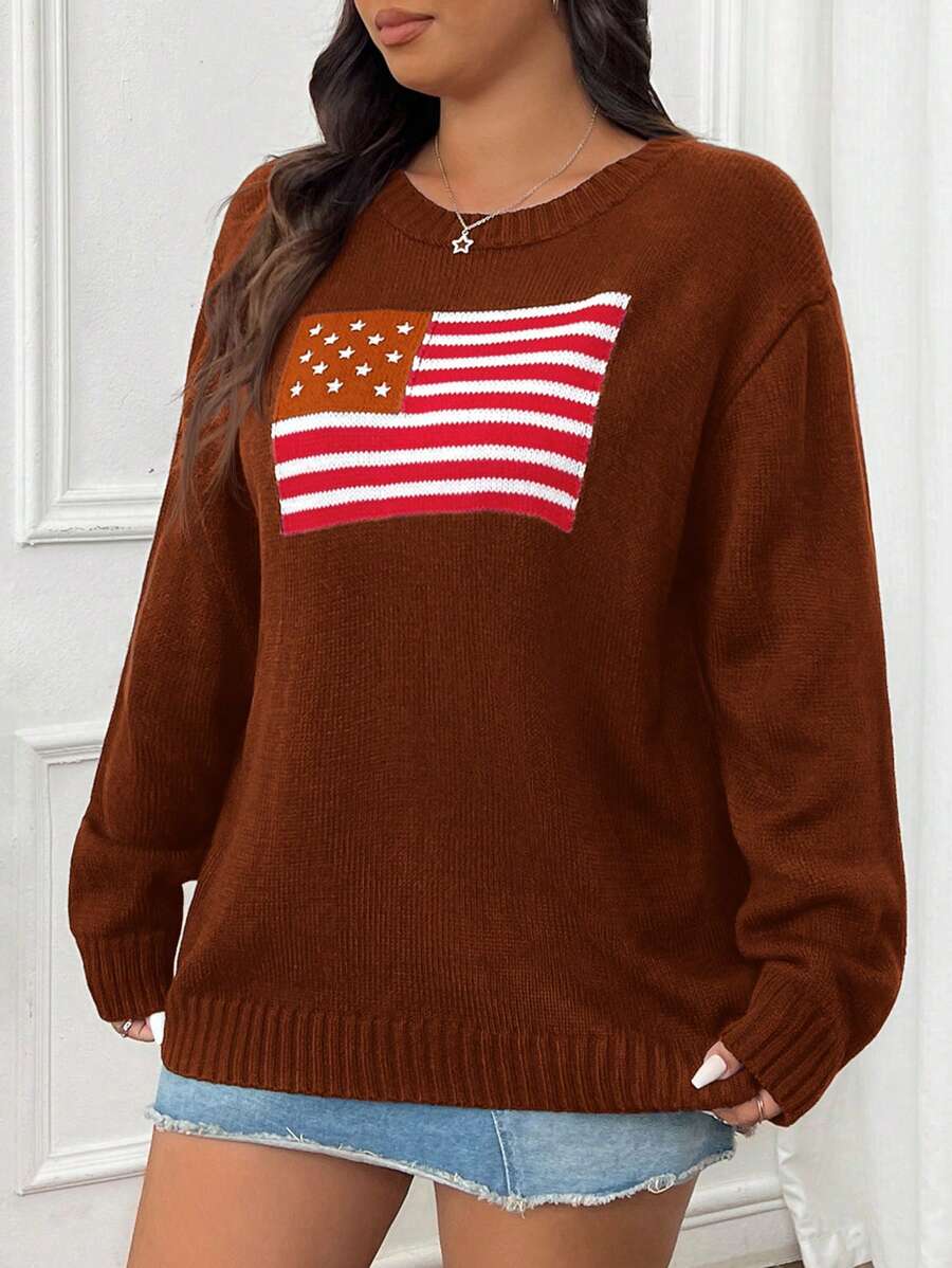 SHEIN EZwear 大码圆领长袖图案细节休闲套头毛衣 - 巧克力棕 - 查看 1