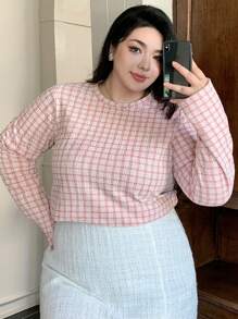 Dazy Plus Plaid Crew Neck Figure Flattering Long Sleeve T-Shirt, Casual Everyday Wear, Spring/Summer - Pink - View 5