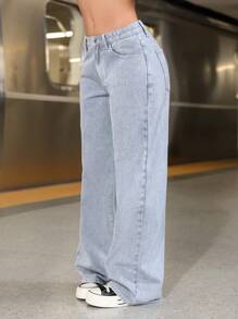 SHEIN ICON Women Front Button Pocket Simple Casual Denim Jeans Y2k - Grey - View 6