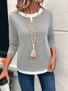 EMERY ROSE Women Contrast Color Trim Round Neck Casual Versatile Long Sleeve T-Shirt - Light Grey - View 6