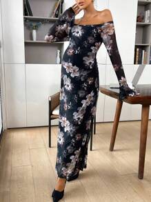 SHEIN Maternity Romantic Summer Beach Elegant Sexy Floral Off Shoulder Long Dress, Date Night Dress, Suitable For Daily, Commuting, Holiday - Black - View 4