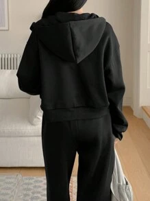 DAZY 女士两件套：前拉链长袖抓绒连帽衫和长裤，纯色，秋冬季女士运动套装家居服套装