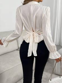 Chiquease 1pc Back Tie Solid Color Split Casual Elegant Long Sleeve Blouse