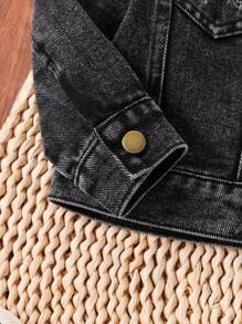 SHEIN Playful Pals 2 件套男婴休闲酷炫复古水洗黑色牛仔翻领夹克衬衫和做旧水洗牛仔裤，时尚休闲装适合春季、秋季和所有季节 - 黑色 - 查看 6