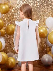 年轻女孩可爱盖袖闪亮网眼袖 3D 大蝴蝶结装饰 A 字裙，适合秋冬季，适合圣诞节、派对装、生日礼服、公主裙，白色 - 白色 - 查看 4