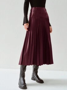Enchnt Elegant Burgundy PU Pleated Skirt,Autumn Winter Women's Clothing, Frenchy Casual Workwear,Dining,Halloween & Christmas Party New Years Skirt - Burgundy - View 8