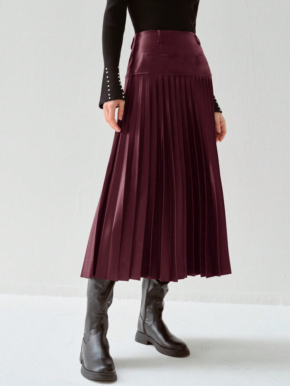 Elegant Burgundy PU Pleated Skirt,Autumn Winter Women's Clothing, Frenchy Casual Workwear,Dining,Halloween & Christmas Party New Years Skirt