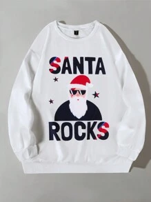 Sudadera blanca informal de cuello redondo talla grande, forrada térmica, holgada, cómoda, de moda, que estiliza la figura, sudadera navideña con estampado divertido de Papá Noel, Papá Noel con gafas de sol y estampado de bloques de color y estrellas, a juego con la familia