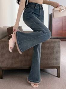 DAZY Plush Patchwork Flared Jeans For Women Fall,Winter - Blue - View 4