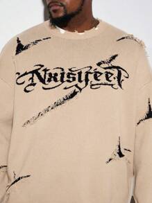 Manfinity VCAY Plus Size Men's Loose Letter Print Distressed Round Neck Long Sleeve Sweater
