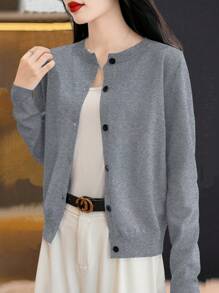 EMERY ROSE 1 件女式纯色前扣长袖休闲上衣 - 深灰色 - 查看 6