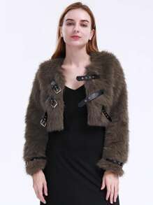 Fashionable Buckle Strap Front Cropped Fuzzy Jacket, Autumn/Winter - Dark Grey - View 4