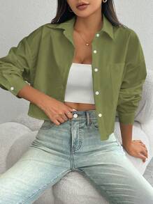 Ellegaria. Áo sơ mi nữ tay dài cài nút phía trước, túi đơn giản, họa tiết hoa ngẫu nhiên - xanh quân đội - Xem 5