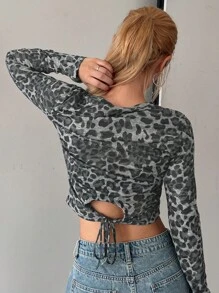 DAZY Women's Autumn Leopard Print Round Neck Fitted Long Sleeve Fashionable T-Shirt,Fall Women Clothes - Brown - View 1