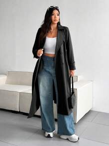 Sunspun Plus Size Casual Solid Color Loose Fit Trench Coat Fall Winter Cloth For Women Autumn