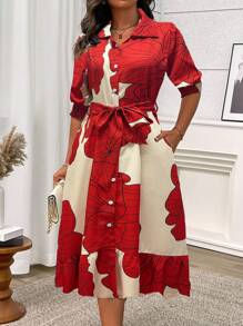 Calvaya Vestido de mujer tipo camisa de largo maxi con botones frontales, cintura con lazo y estampado floral