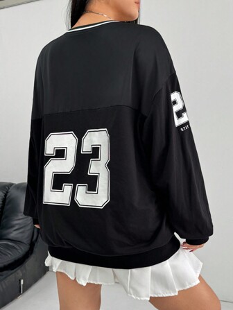 SHEIN EZwear Plus Size Color Block Long Sleeve V-Neck Numeric Print Casual Blouse In Fall/Winter