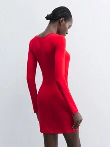 Maija Women's Early Spring Hollow Out Solid Color Ruched Drawstring Slim Fit Long Sleeve Mini Dress, Suitable For Holidays And Party Occasions - Red - View 4