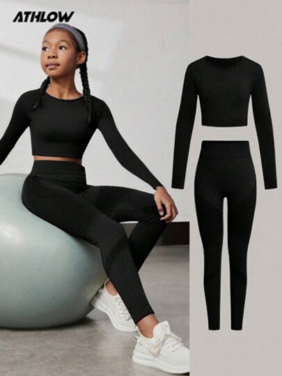 Tween Girls Sports Long Sleeve Top And Pants 2 Pieces Set, Black, Stretchy, Breathable, Moisture Wicking, Fashionable, Suitable For Yoga, Running, Cycling, School, Campus, College