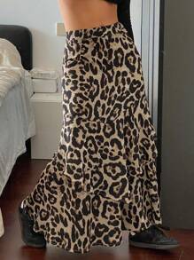 DAZY 女士豹纹A字裙，高腰，宽松，修身，优雅长裙，荷叶边