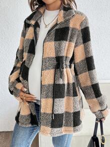 SHEIN Zwangere vrouwen geruite print rits sluiting lange mouw jas, winter, voor zwangerschap