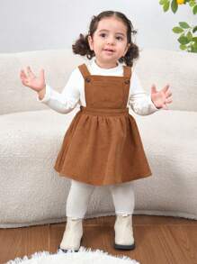 SHEIN Baby Girl Mommy And Me Casual Corduroy Overall Dress, Khaki Color, Suitable For Outdoor, Party And Baby Events, Autumn/Winter - Khaki - View 3