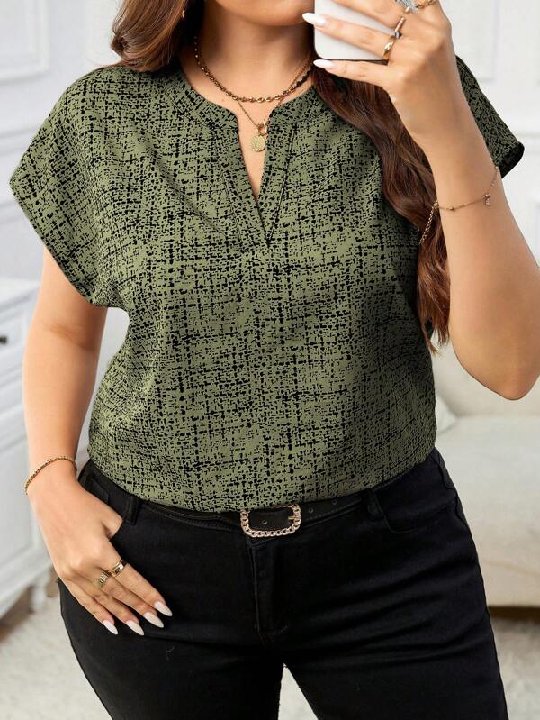 SHEIN Clasi Plus Size Elegant & Fashionable Women Printed Blouse, Suitable For Work Teacher Attire, For Summer