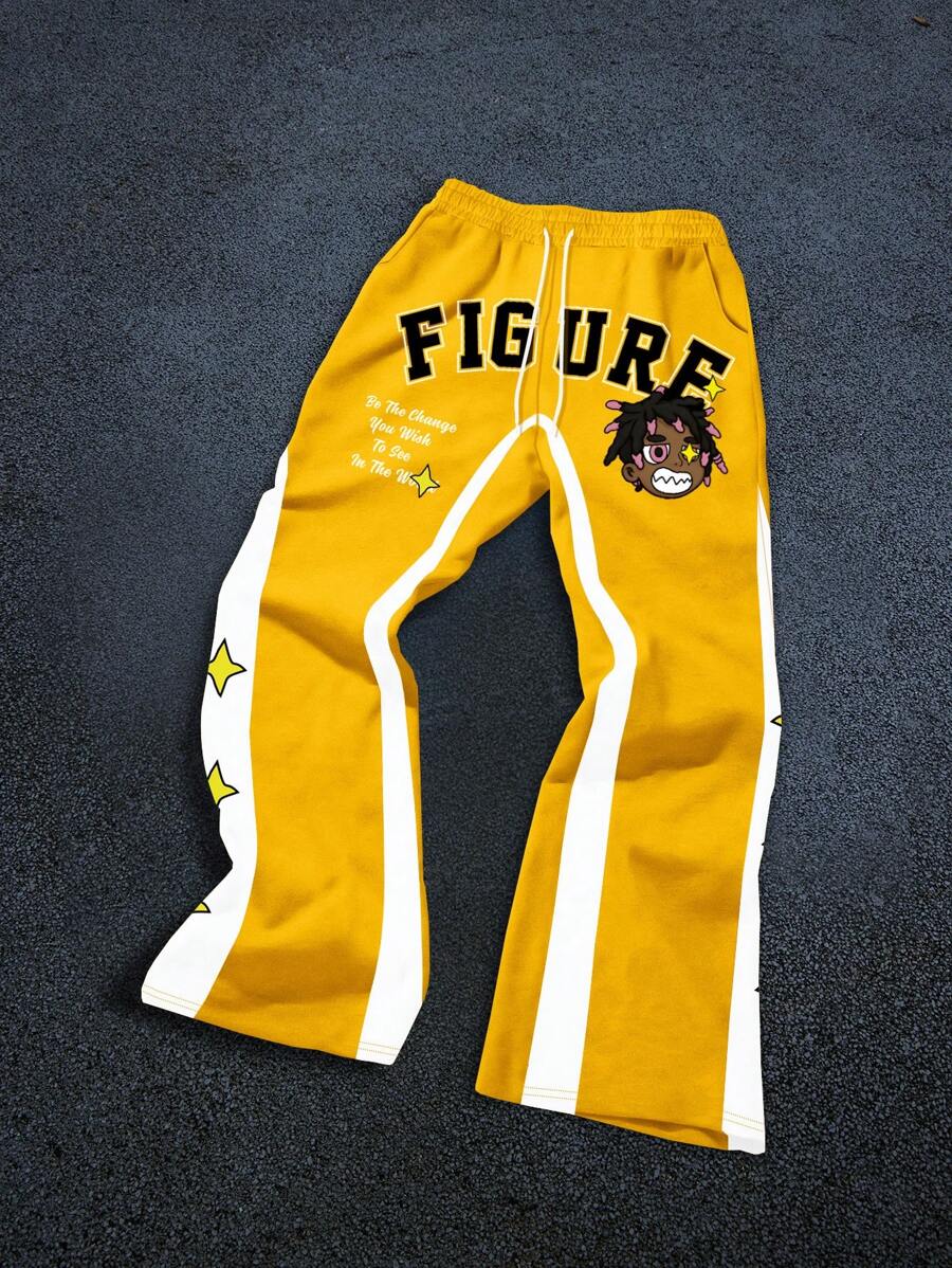 Manfinity Hypemode Pantalones de chándal con bolsillos con cordón, estampado de dibujos animados y letras de colores contrastantes para hombres