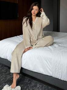 DAZY Embroidered Letter Decor Open Front Flannel Warm Pajama Set, Winter, Fall Winter Clothes