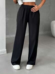 EURMUSE Women's Solid Color High Waist Wide Leg Casual Pants With Side Pockets