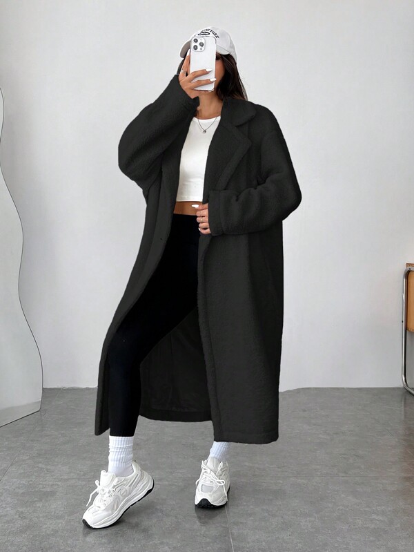 SHEIN EZwear Women Fuzzy Lapel Long Sleeve Loose Long Casual Warmth Coat For Winter