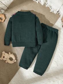 Baby Girl Mushroom & Cherry Graphic Round Neck Long Sleeve Knitted Sweater And Pants Set, Casual Outfit Suitable For Home, Travel, Vacation, Party And Gift For Baby Boy, Autumn/Winter