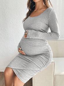 SHEIN Maternity Short Crew Neck Long Sleeve Pleated Casual Dress