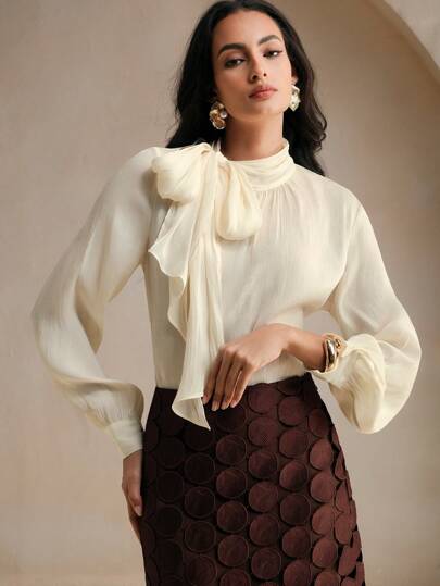 Anewsta بلوزة نسائية أنيقة وأنيقة ذات رقبة عالية وأكمام طويلة وأربطة على الأساور مع فيونكة