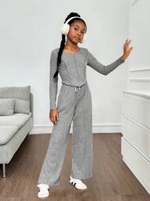 SHEIN 女童两件套：修身罗纹针织长袖上衣和宽松阔腿裤 - 深灰色 - 查看 6