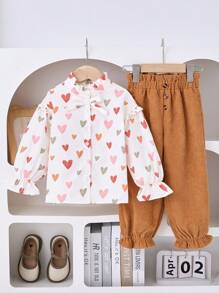 SHEIN 2pcs Young Girls  Heart Print Top & Corduroy Pants Set, Basic Casual Outfit For Fall & Winter - Black - View 1