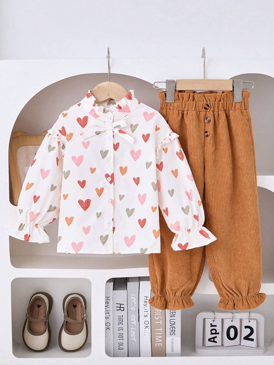SHEIN 2pcs Young Girls  Heart Print Top & Corduroy Pants Set, Basic Casual Outfit For Fall & Winter - Black - View 1