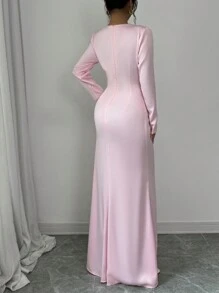 Lyxana 情人节单件缎面褶皱优雅浪漫女士连衣裙长款女装 - 粉色 - 查看 2