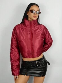 EgrlEra Short Solid Color Zip-Up Long Sleeve Padded Padded Coat, Winter Clothes - Burgundy - View 3