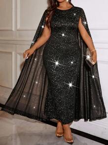 EMERY ROSE 加大码优雅圆领披肩修身派对连衣裙长款女式服装 - 黑色 - 查看 6