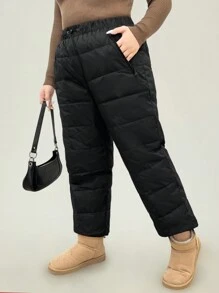 Flirla Pantalones casuales gruesos de unicolor con bolsillo, versátiles y a prueba de viento para el invierno, talla grande