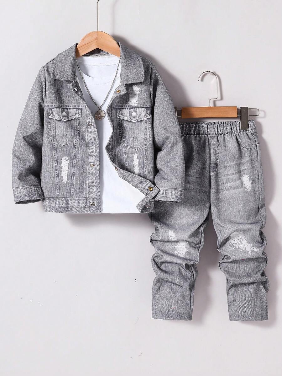 SHEIN 2pcs Young Boy Jacket And Straight Leg Jeans Set, Suitable For 4-7 Years Old, Casual Outfit For School, Party And Other Occasions In Autumn And Winter - Multicolor - View 1