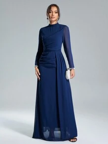 Coutiva Vestido elegante de manga larga con puños de lentejuelas y perlas, vestido de noche lujoso y elegante para dama para Año Nuevo, fiesta, otoño e invierno, vestido de dama de honor, vestido de invitada de boda