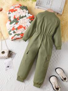 Set de 2 piezas con chaleco cálido con estampado camuflaje y pantalón informal tipo mono con cremallera media para niña, uso diario, nuevo para otoño/invierno