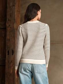 Anewsta Damen Rundhals gestreifter strukturierter gestrickter Pullover für Herbst und Winter - Schwarz und Weiss - Übersicht 2