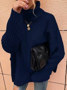 EMERY ROSE Casual Solid Color High Neck Drop Shoulder Loose Knit Sweater, Autumn/Winter Knit Pullover Fall - Navy Blue - View 5