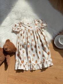 SHEIN Baby Girl Cute Slouchy Vibe Cartoon Bear Graphic Bubble Neck Ruffle Hem Knit Nightgown - Yellow - View 3